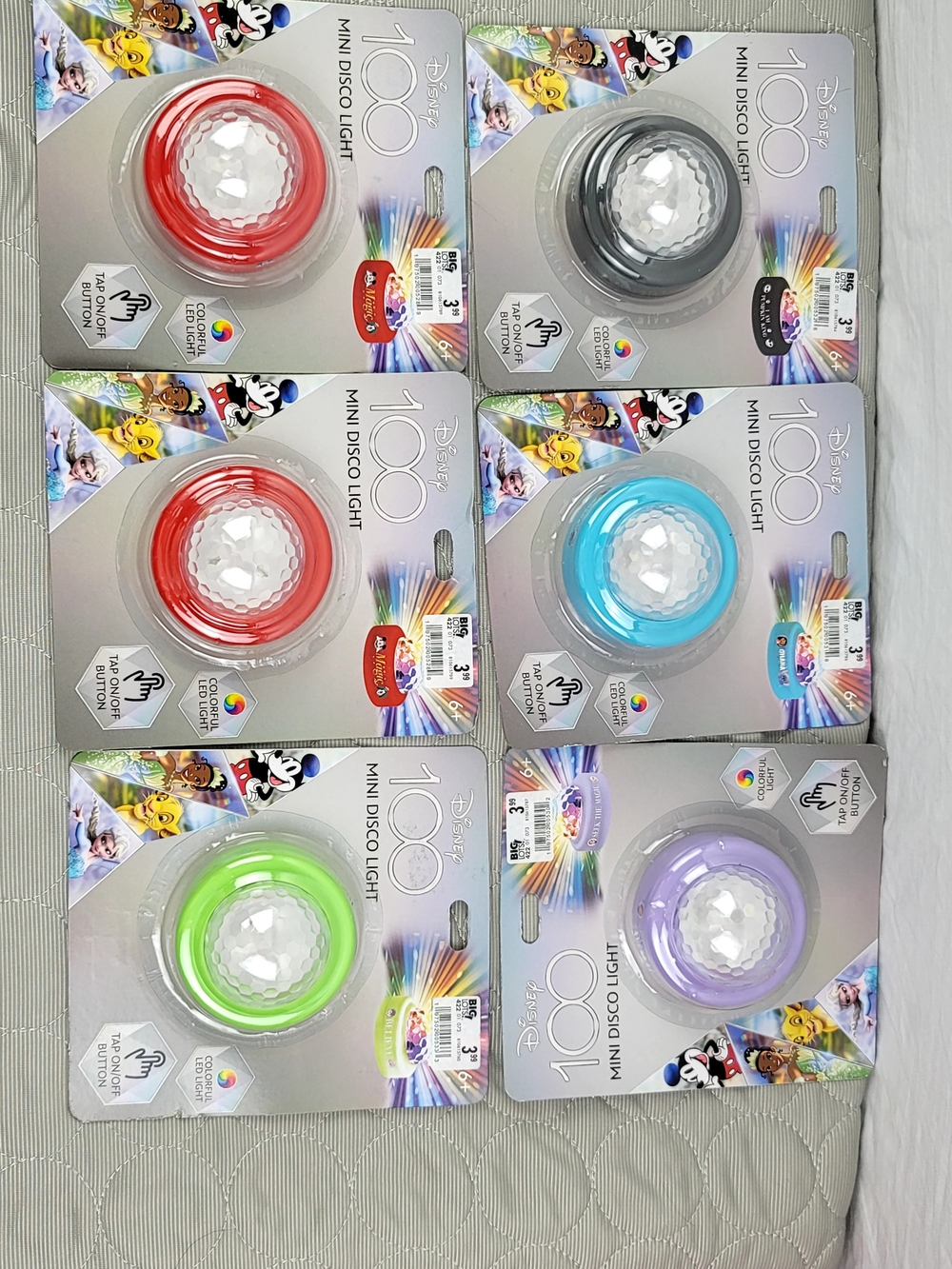 Lot of 6 Disney 100 Mini Disco Light LED Tap Button Bulk Pack NWT